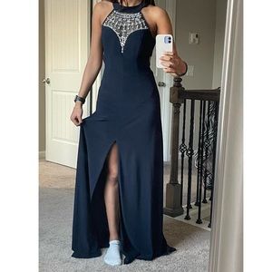 Long Navy blue formal dress, jeweled front, cut out back with clasps